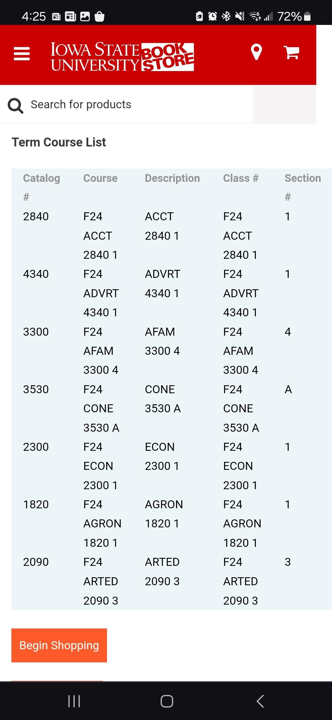 Select Class Schedule